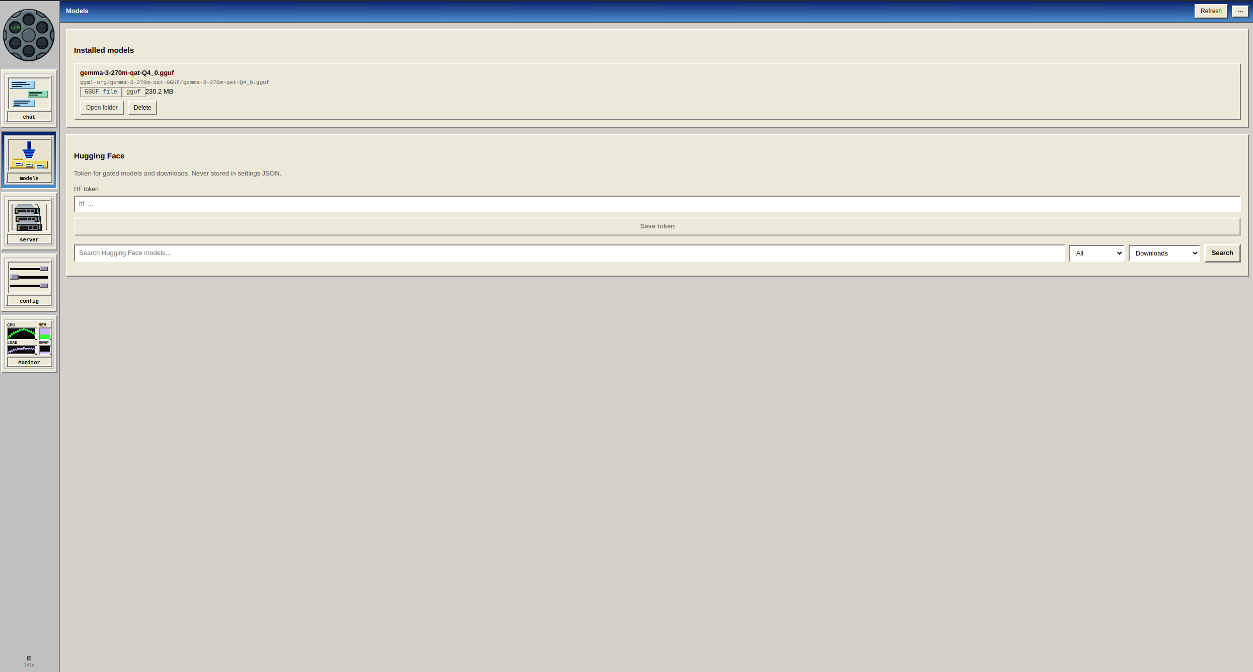 Models tab: installed GGUF and Hugging Face search