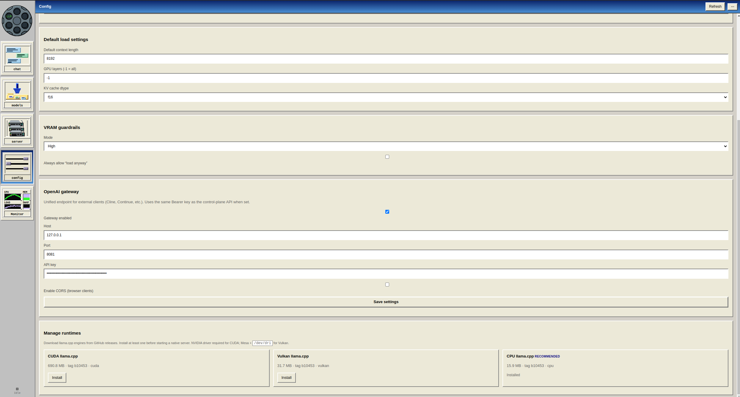 Config tab: load defaults, VRAM guardrails, runtime SKUs