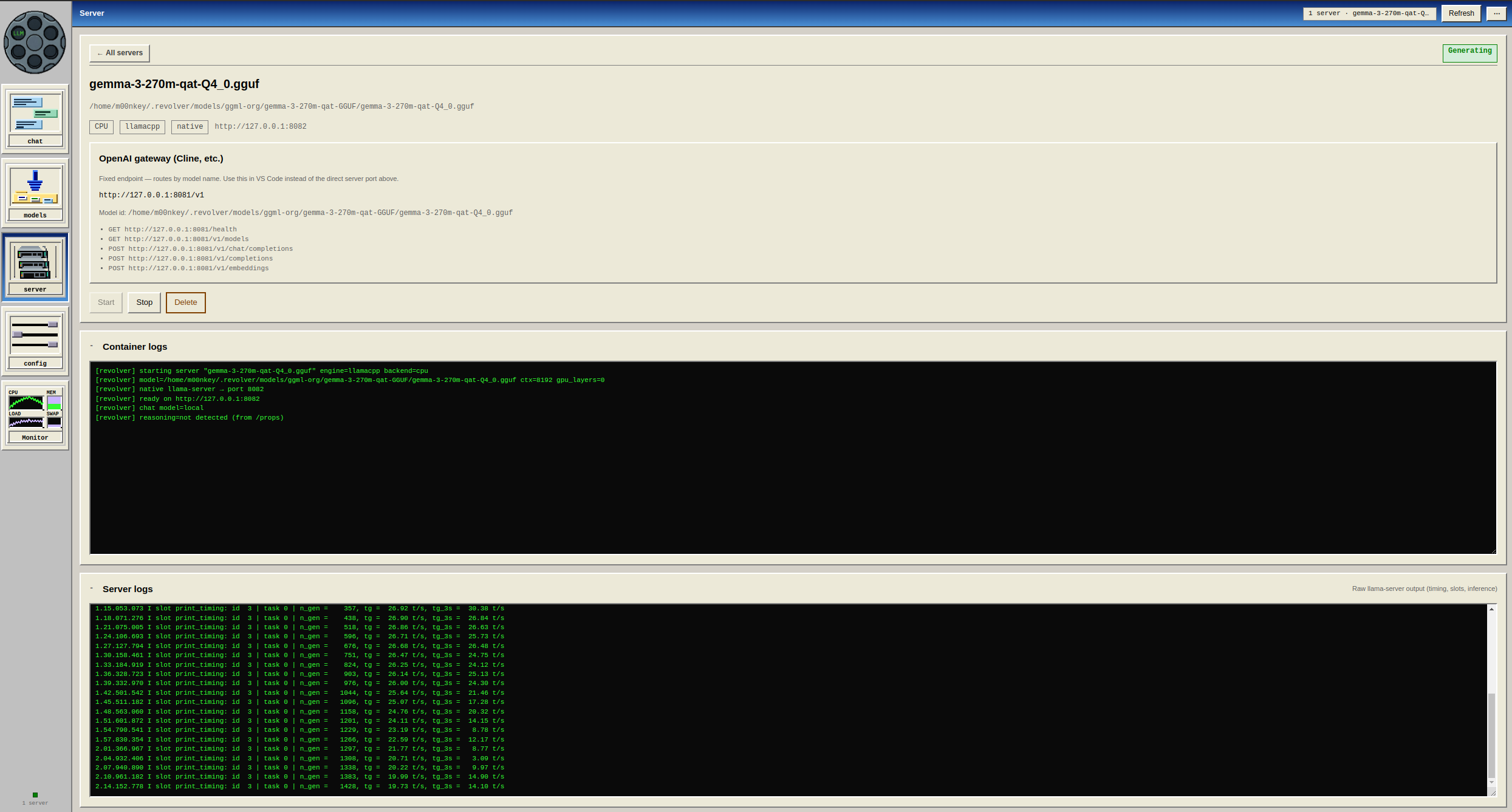 Server detail with gateway URL and llama-server logs