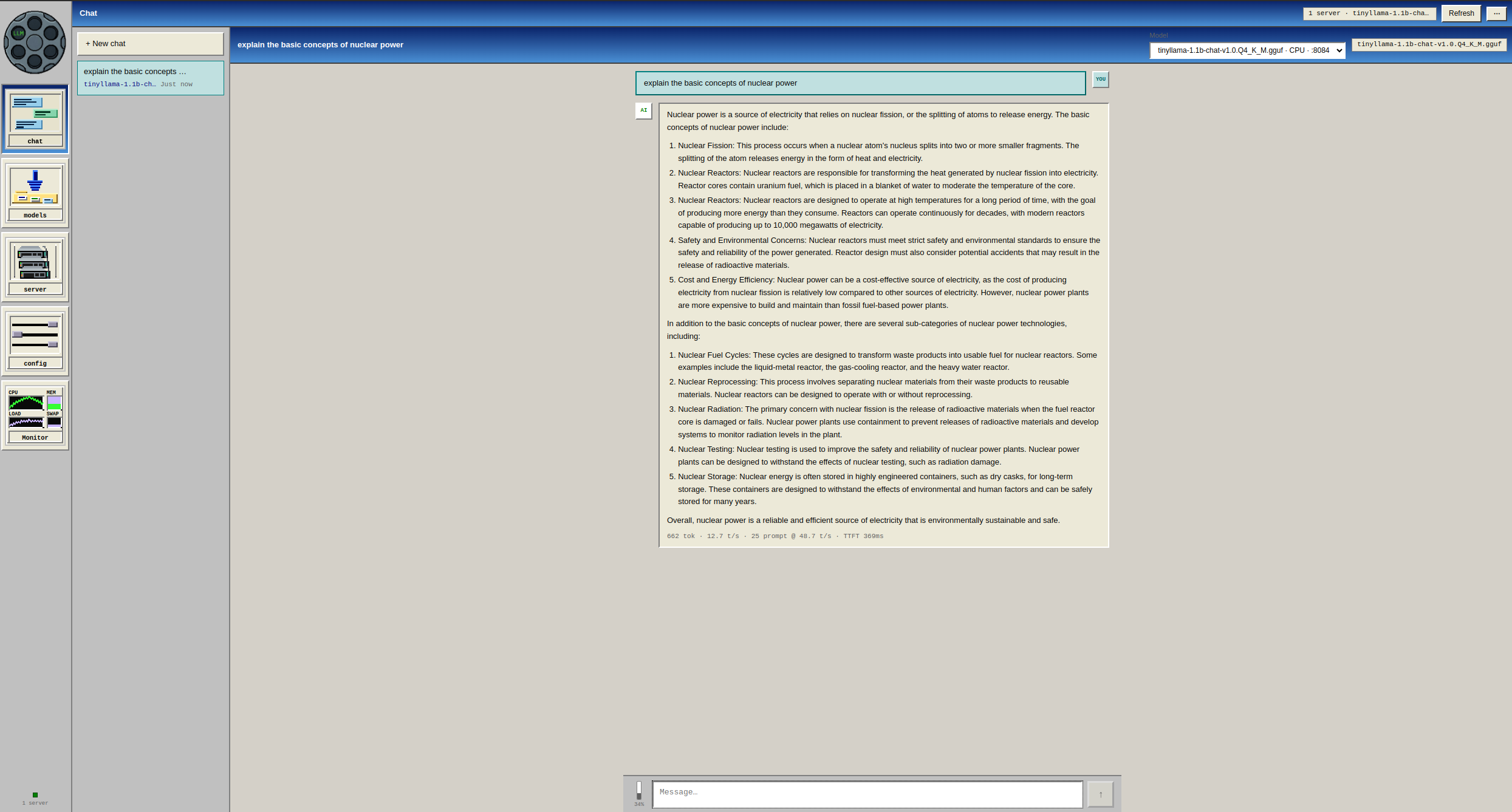 Chat tab: conversation against a running Gemma server