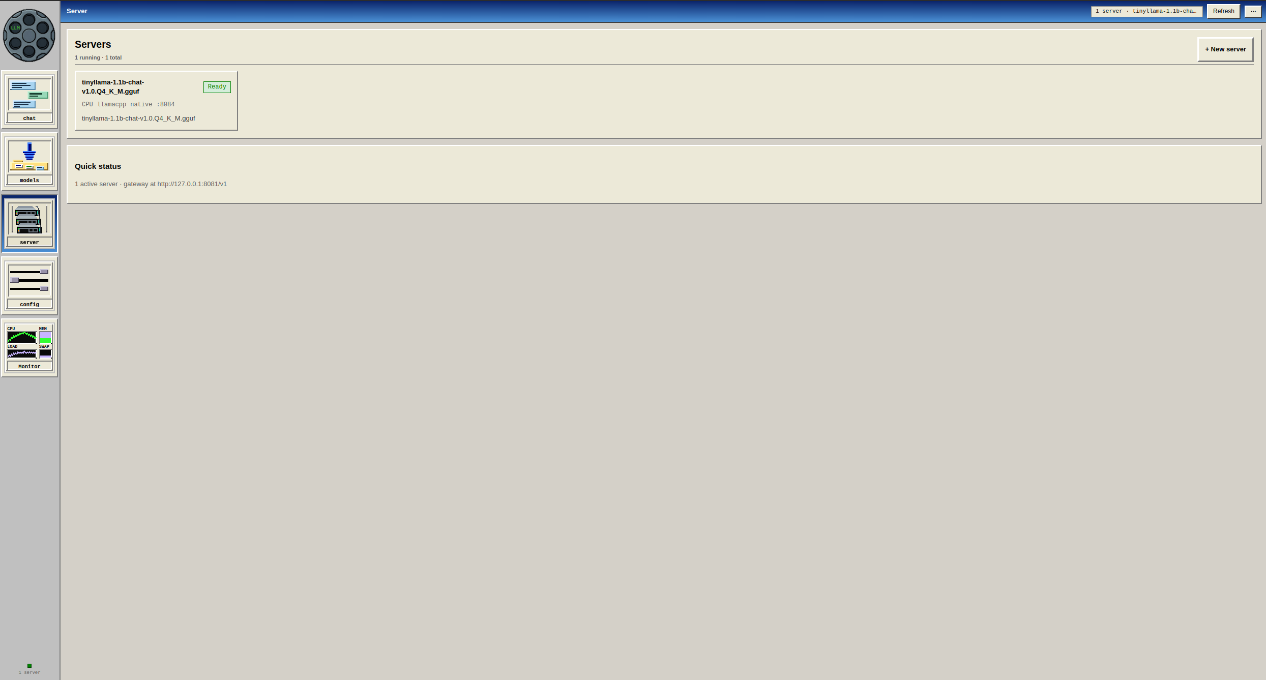 Server list with one native llama.cpp instance running